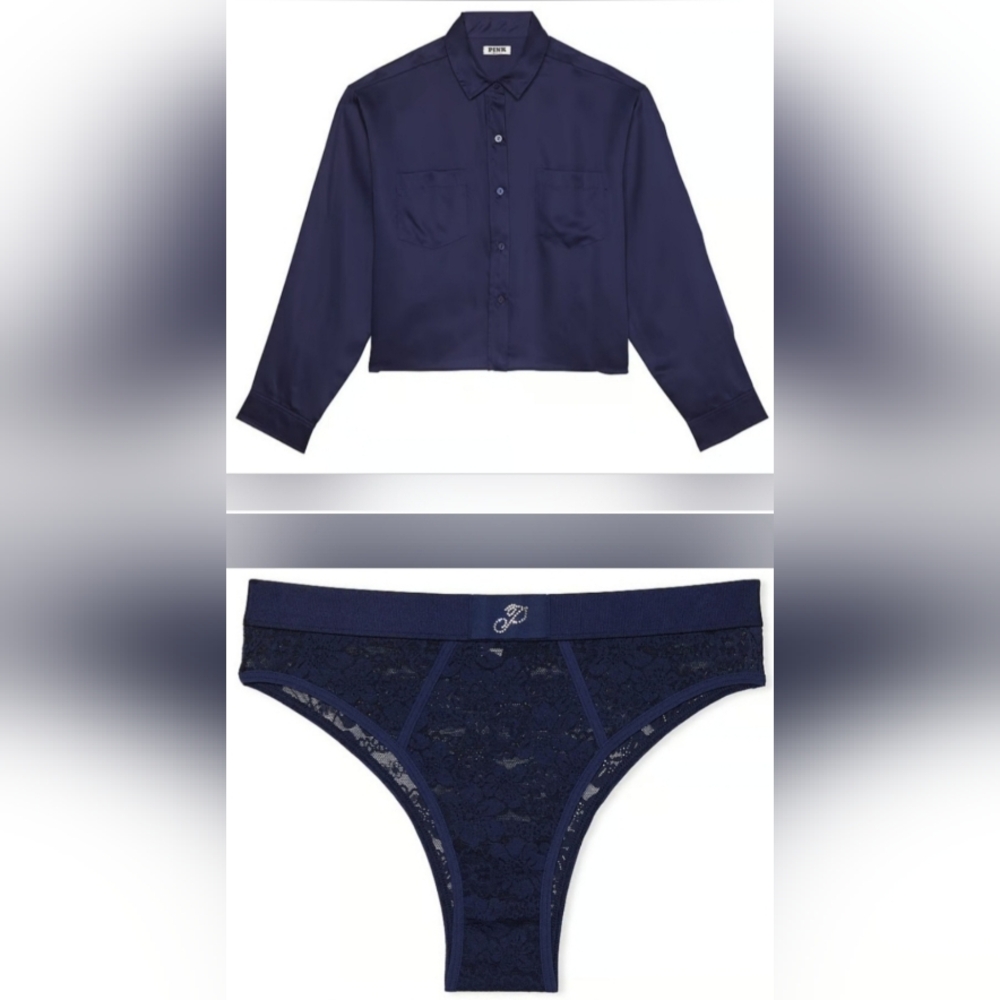 M/M ❤️VS PINK Long Sleeve Sleepshirt Bling Wink Lace Brazilian Panty Set